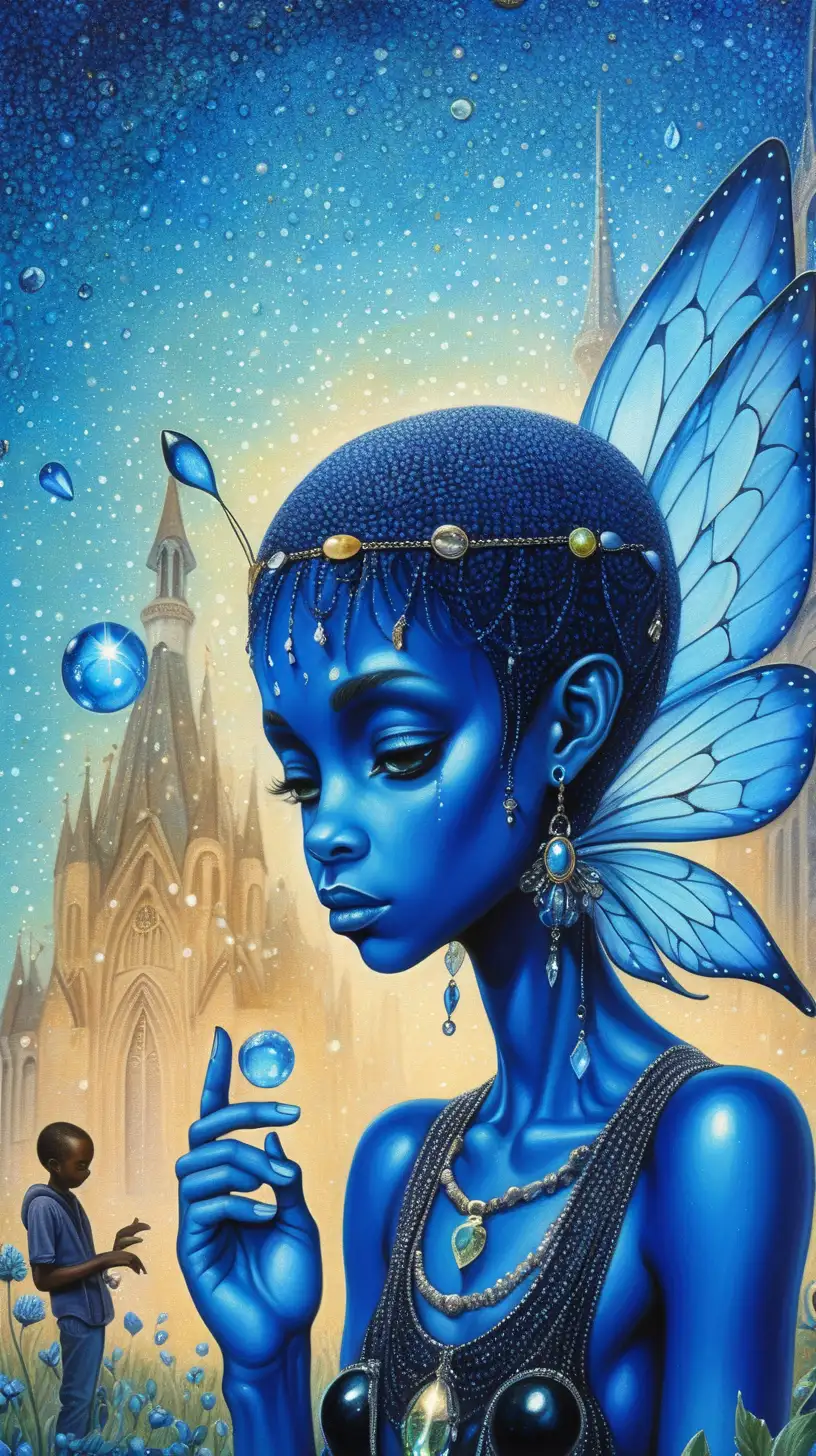 fairy of sadness, blue gothic grunge, jewels gleaming in the sky, alien garden, busy, enosis, friends, Pointillism, melanin, students and families in the background 