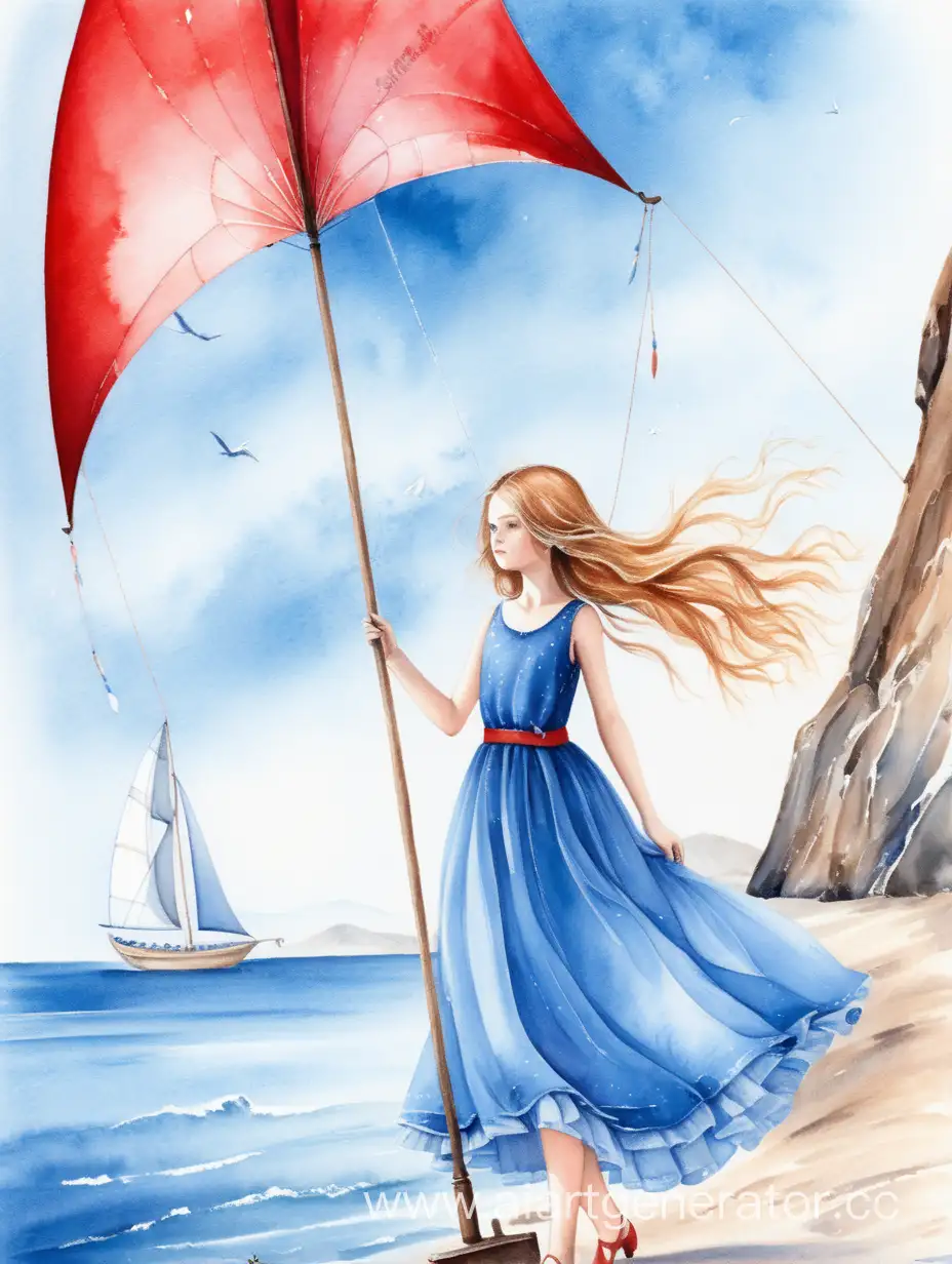 in watercolor style the girl light shades, Asol in a blue dress and a scarlet sail