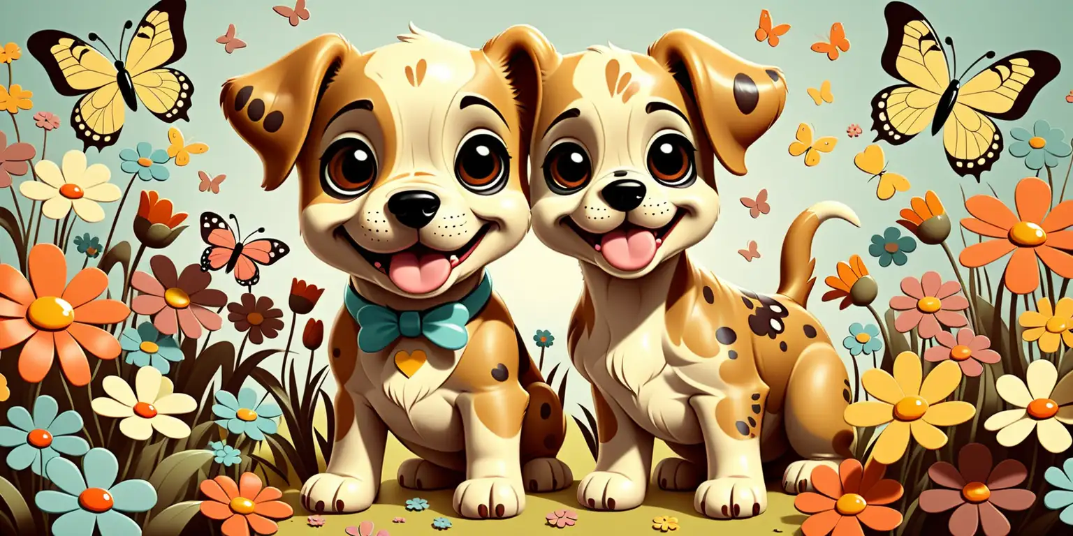 Retro Cartoon Illustration puppie dog with flowers and butterflys --s100