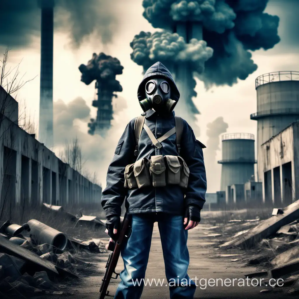 Тринадцатилетний подросток в противогазе  с обрезом в руках на фоне ядерного постапокалипсиса , мутантов и аномалий в стиле Сталкера
