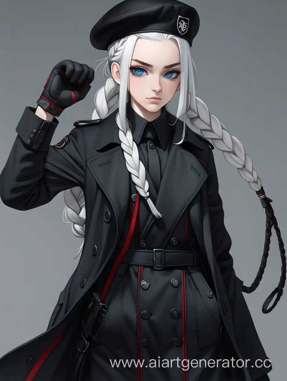 Девушка, белые волосы, чёрный берет на бок, чёрные боевые перчатки, охотничий нож, чёрный тренч с красными линиями, голубые глаза, волосы заплетены сзади. 