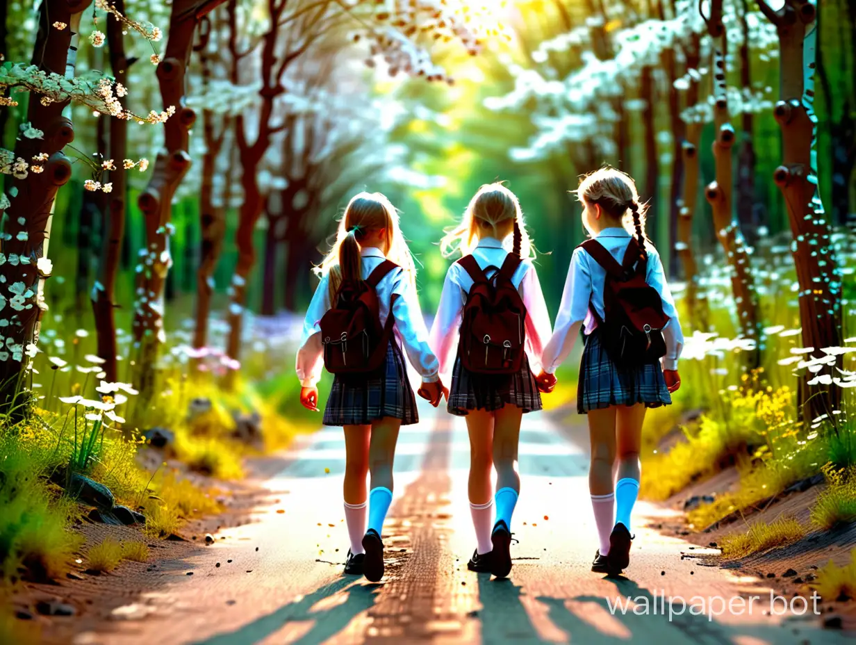 Two-Schoolgirl-Friends-Walking-in-the-Enchanted-Blooming-Forest