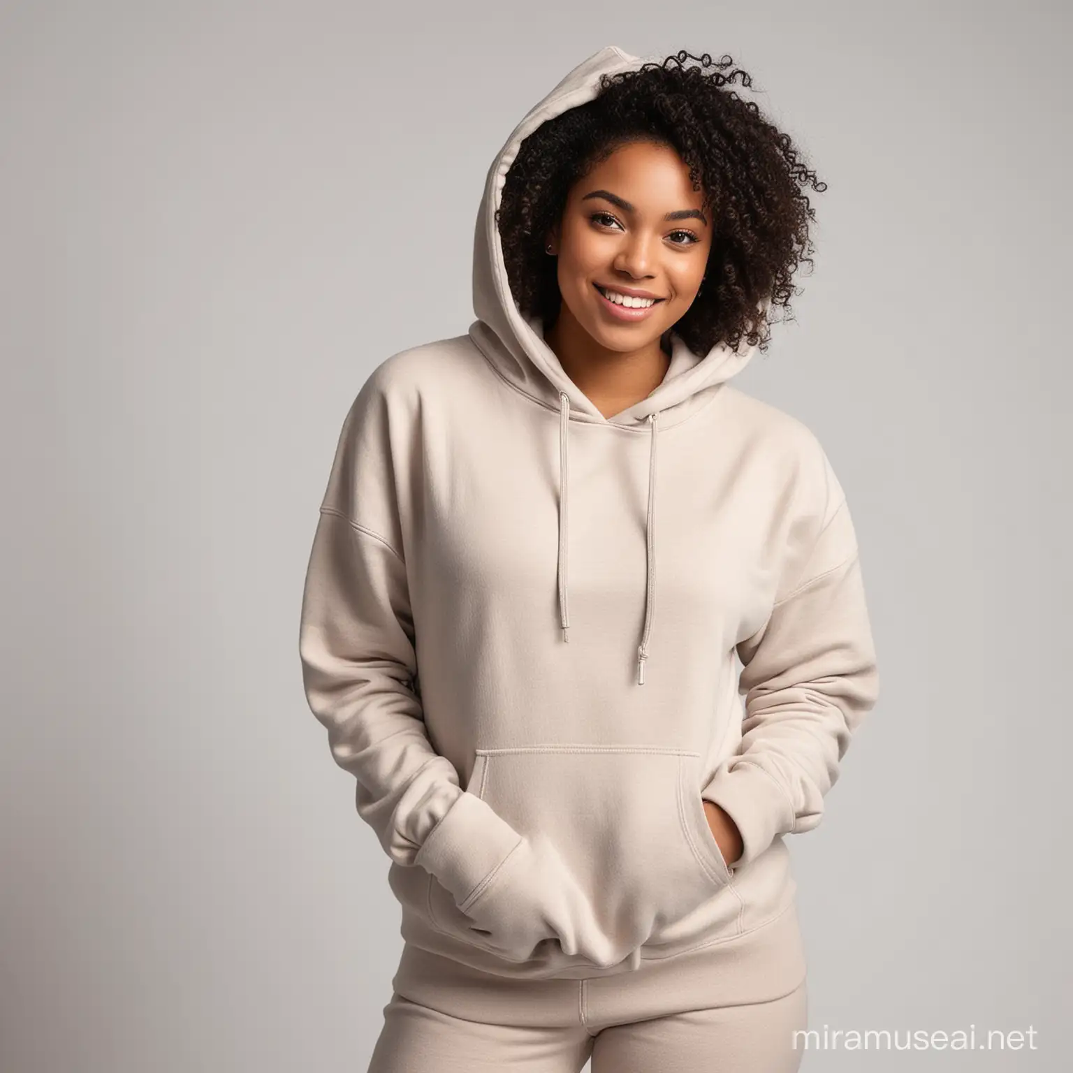 full body woman of color wearing a Hooded Sweatshirt, posing and happy, photographic background white