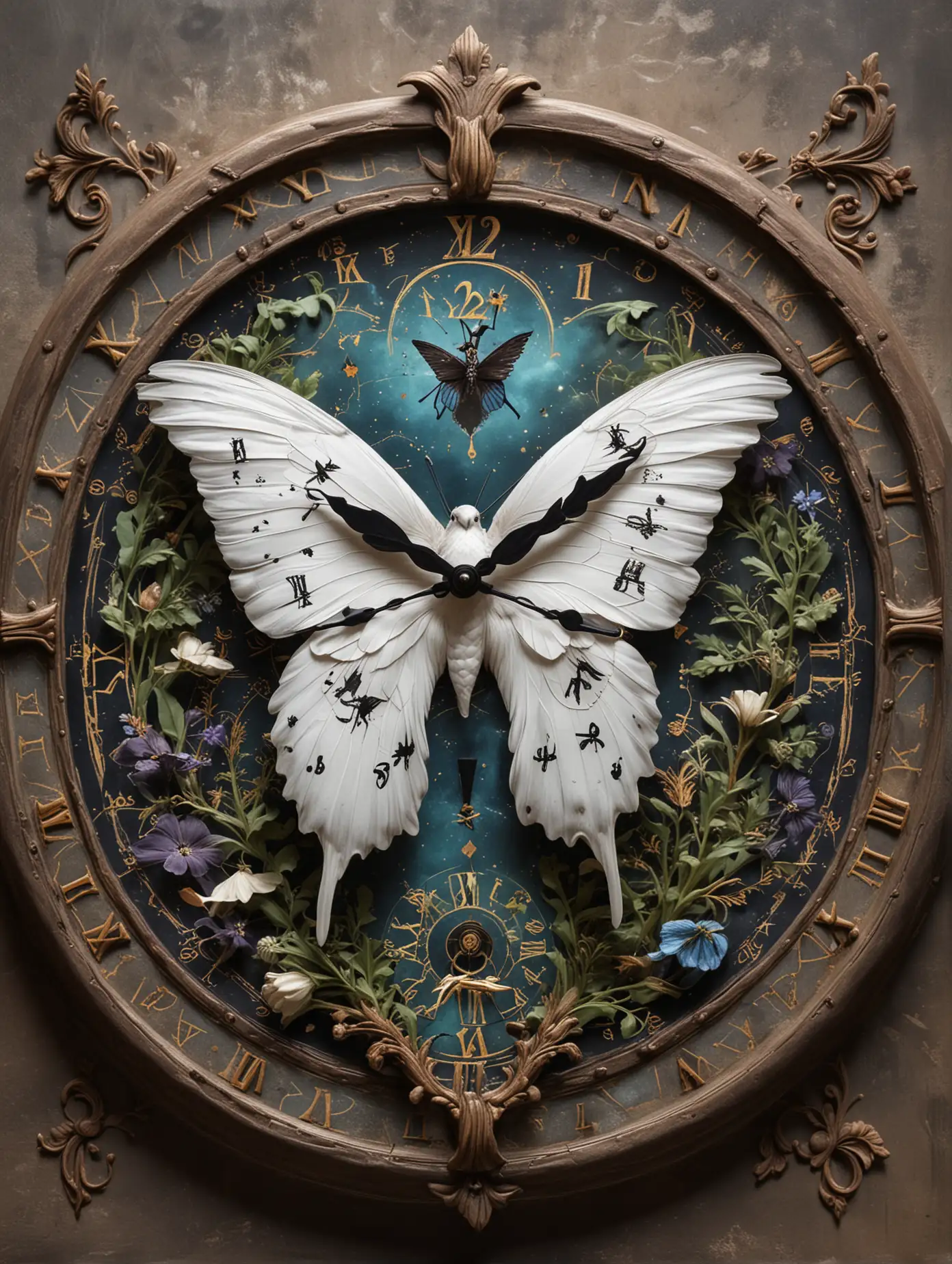 Fantasy image. A clock face with a butterfly visible on it. Characteristics of the butterfly: the right wing is black and purple, the left wing is white and blue. At 12 o'clock there is a sun symbol. At 6 o'clock there is a moon symbol. At 3 o'clock there is a bat symbol. At 9 o'clock there is a symbol of a white dove. The right side of the clock face is green with plant motifs. The left side of the clock is darker, brownish-black in color with thorn motifs. A magical background with a clock, full of alchemical symbols.