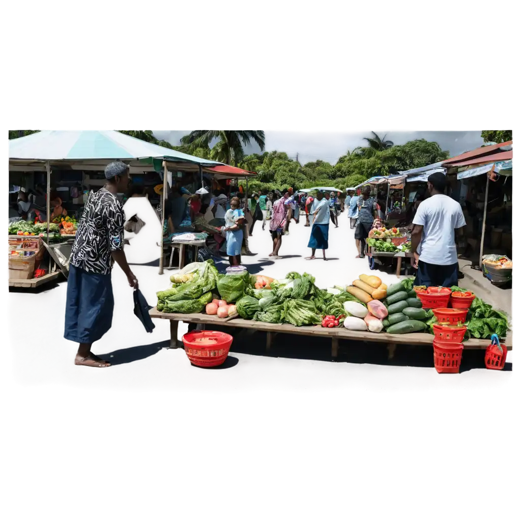 Bustling market vendor busy selling their vegetable and fruits in a busy street in Vanuatu.People walking around the market with their shopping bags admiring the market.Sun is shinning, cool breeze from the sea