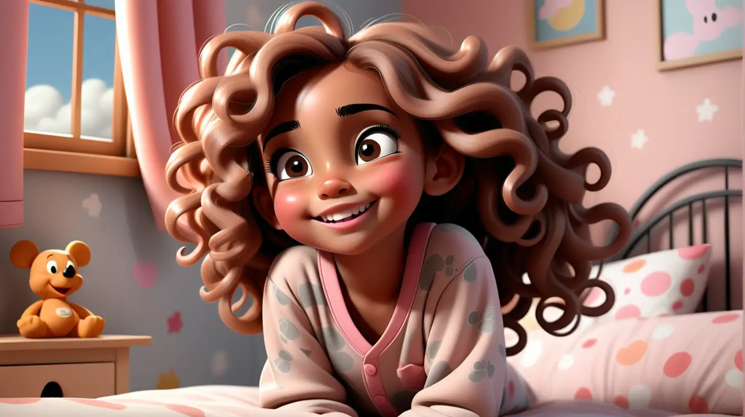 A beautiful 7 year old girl, cute, light brown skin, big hazel eyes long black eyelashes, blush,beautiful lips, round face,sitting on a bed, thinking, happy, cute pink kids room,  looking up and to the left, extremely long brown detailed curly hair, pajamas, disney style, cartoon character, imagining, big window sun light shining on her face, sky, clouds,  smile, 
