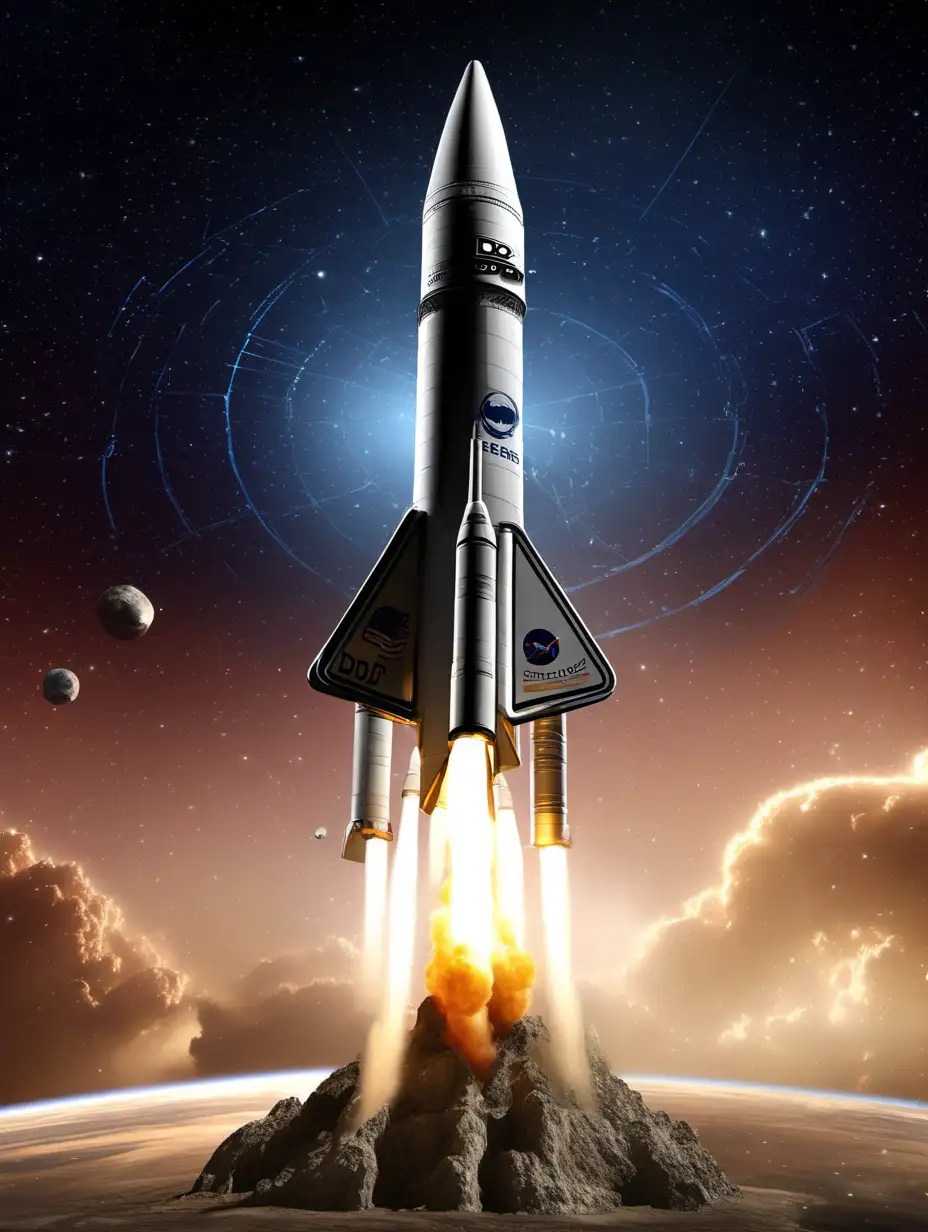Render the dod starbase logo with a rocket taking off behind it