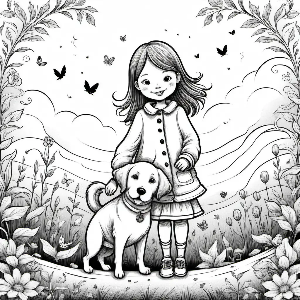 Create a whimsical and black and white
border only design featuring their favorite , girl with DOG