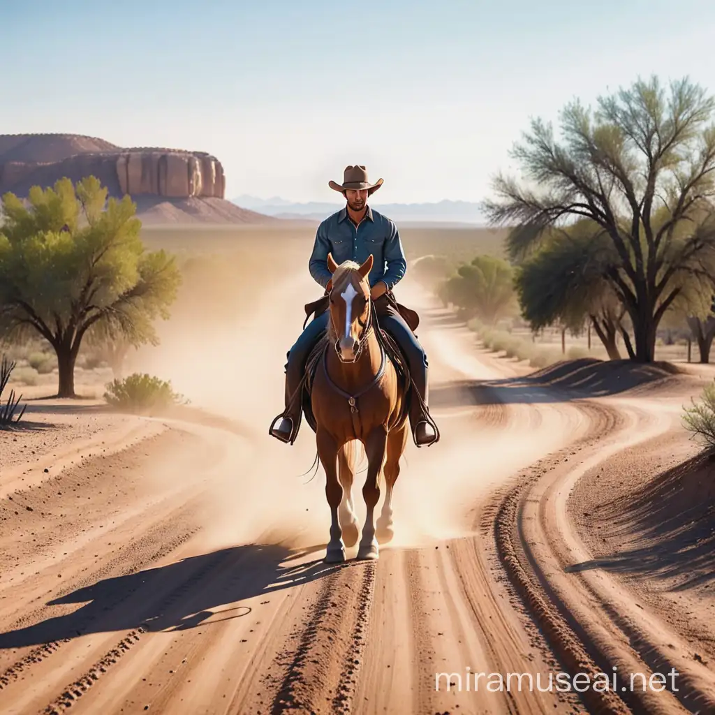 a cowboy on horse in a dirt road alone