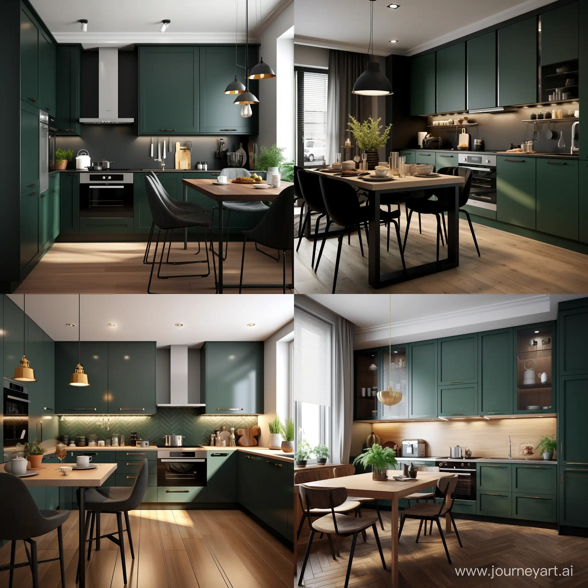 modern kitchen with dark green color fronts of teh furniture