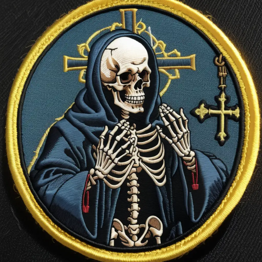 Skeleton Priest Praying in Patched Catholic Robes