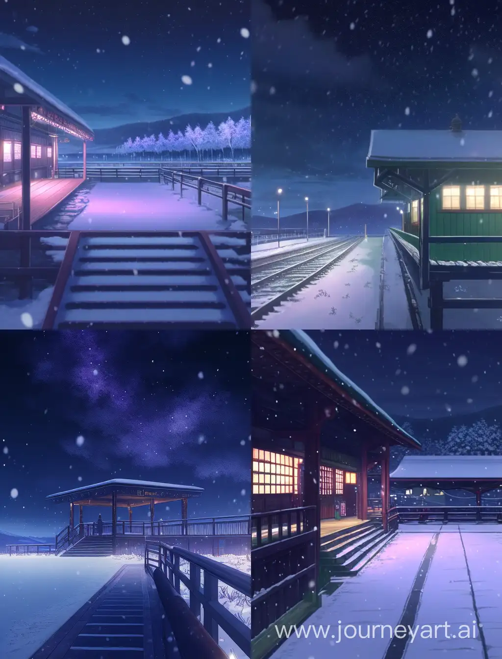 Night time, lonely platform, snowy weather, snow falling, snow, some white orchid, moonlight, aurora sky, stars, beautiful scenary, ultra HD, anime style , mokoto shinkai style 