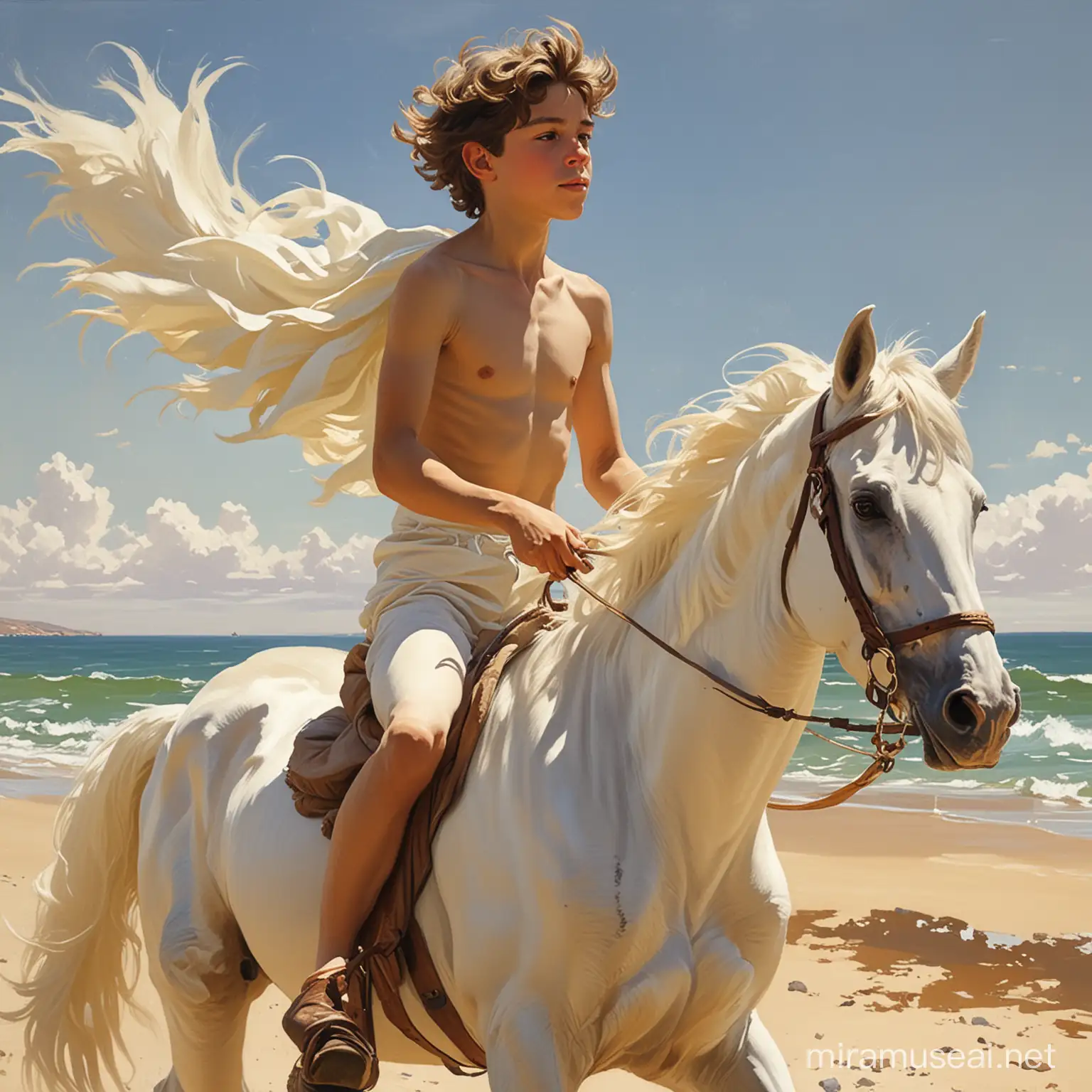 картина в стиле Хоакин Соролья, эпическая картина,  обнаженный мальчик 12 лет, скачет на белом коне,контрожурное освещенье,ветер обдувает волосы,