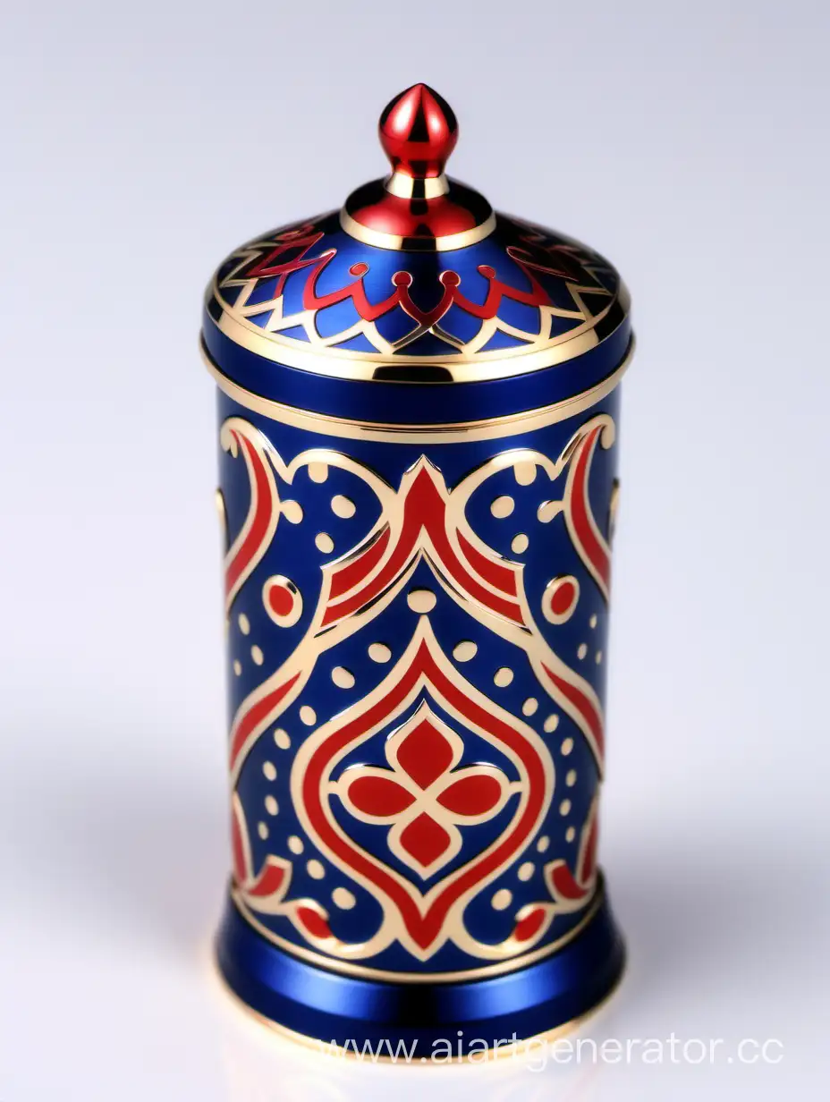 Zamac Perfume decorative ornamental long cap, SHINY DARK BLUE color with matt RED WHITE border line with dots in middle arabesque pattern shaped | metallizing finish