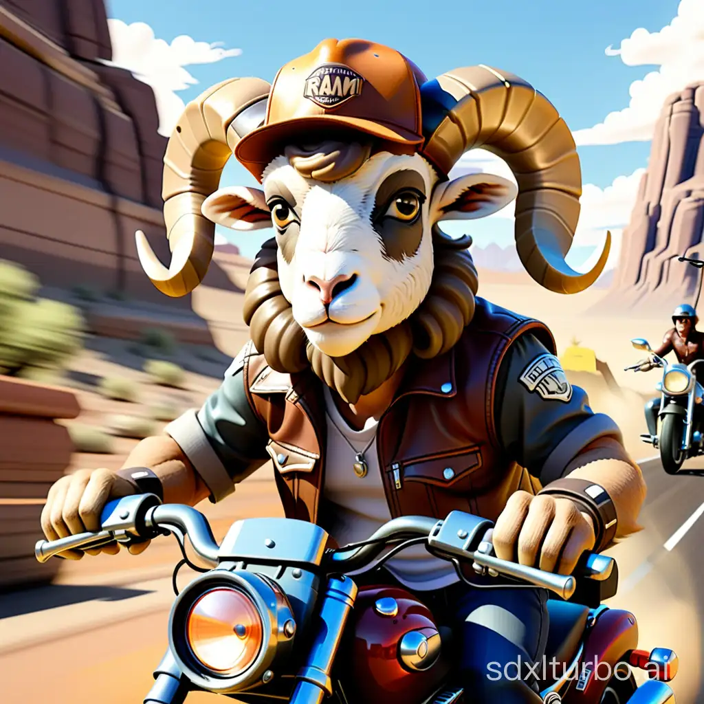 A ram wearing a hat, riding a motorcycle for a joyride.