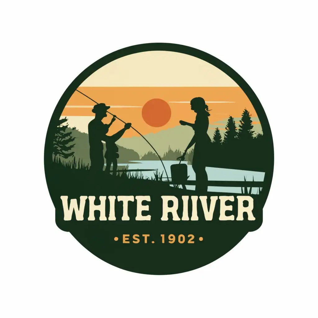 logo, Family with buckets and fishing rods on the background of a river and a forest, a shadow, modern logo, with the text "White river", typography