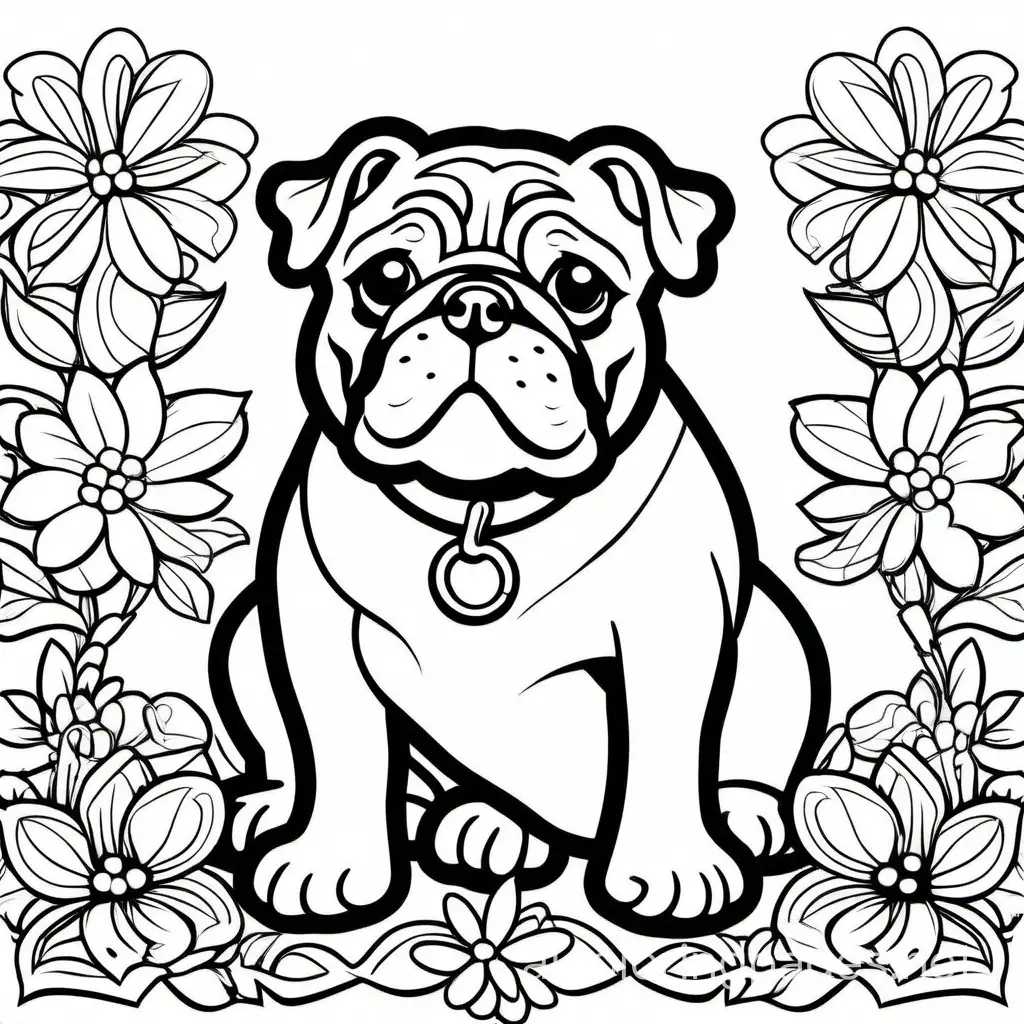 a cute bulldog with floral black , Coloring Page, black and white, line art, white background, Simplicity, Ample White Space. The background of the coloring page is plain white to make it easy for young children to color within the lines. The outlines of all the subjects are easy to distinguish, making it simple for kids to color without too much difficulty