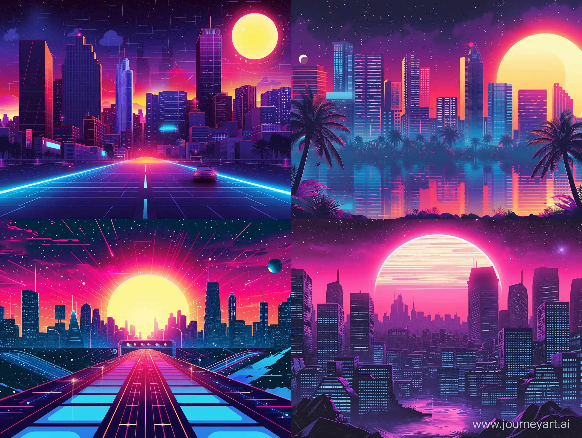 a detailed aesthetic synthwave vector art with visuals, city