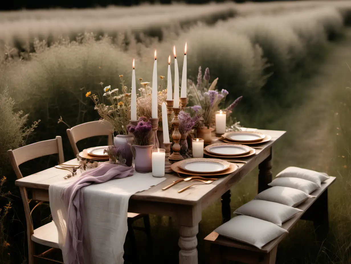 table set up for intimate lunch outdoors in a field with overgrown shrubs and wildflowers. table decorated in a rustic, neutral, organic style with pots holding wildflowers and candles in assorted gold candlesticks. mismatched wooden chairs, mismatched plates, mauve cheesecloth table runner. close up angle of only table decor in frame, DSLR photography style. moody, ambient lighting.