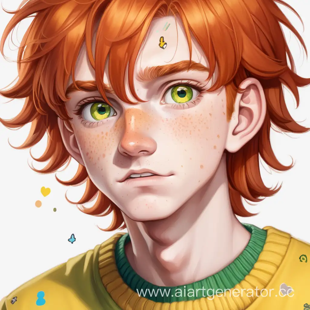 Cheerful-RedHaired-Teen-in-Vibrant-Yellow-Sweater-with-Freckles-and-Stickers