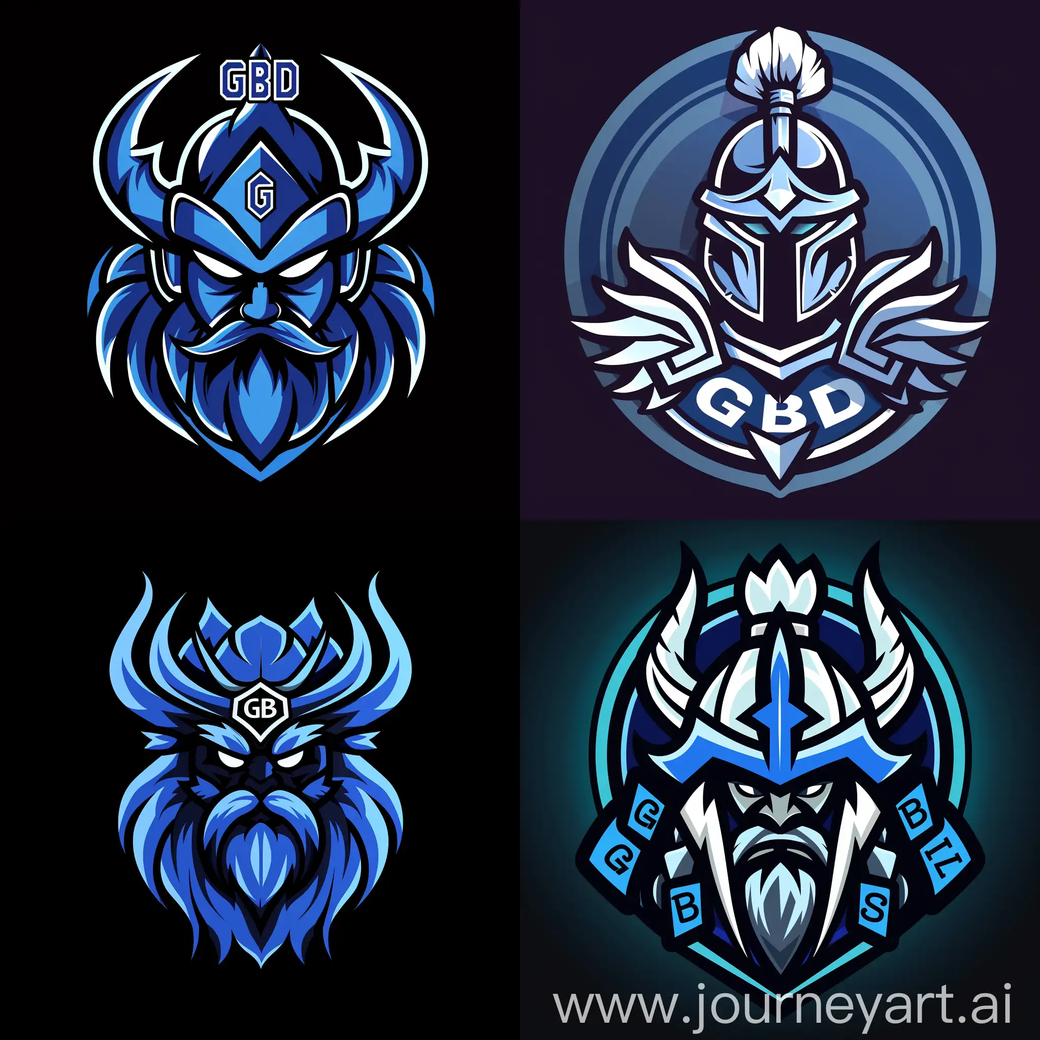 warrior logo, god, blue main color, god bless, GB text on logo, blue, dark, majestic, god