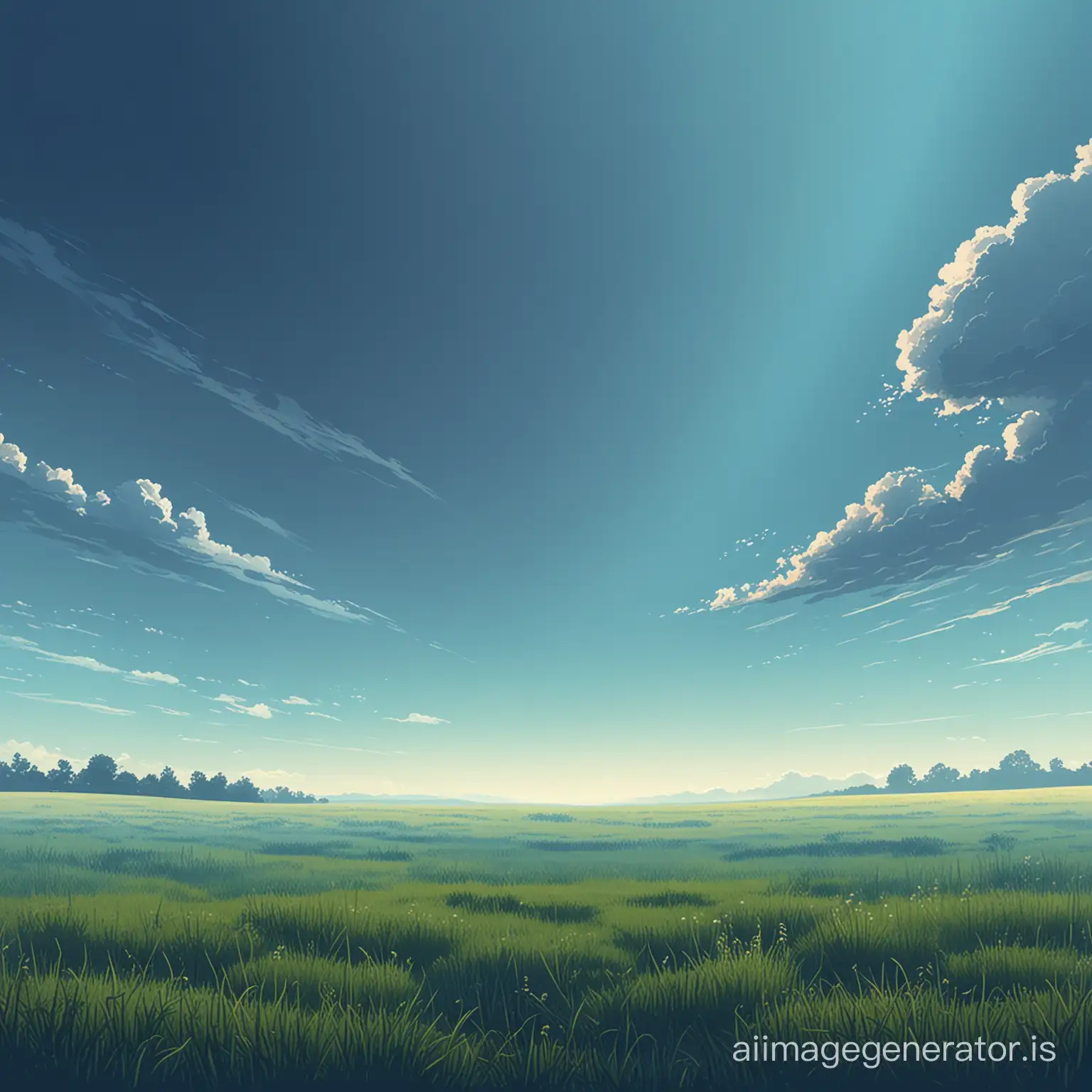 blue sky gradient, illustration style, with distant clouds above meadow. No sun