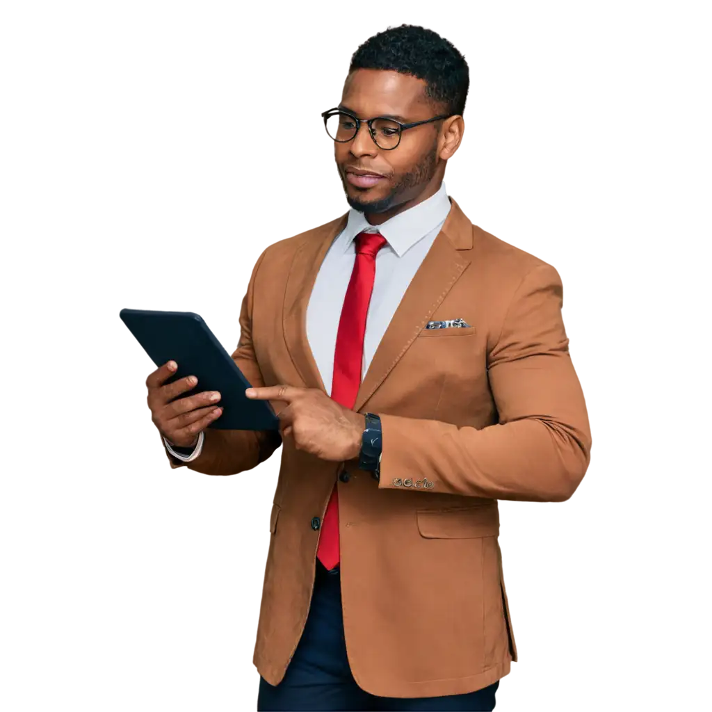 a professional consultant, well dresses black man standing, and holding a tablet.