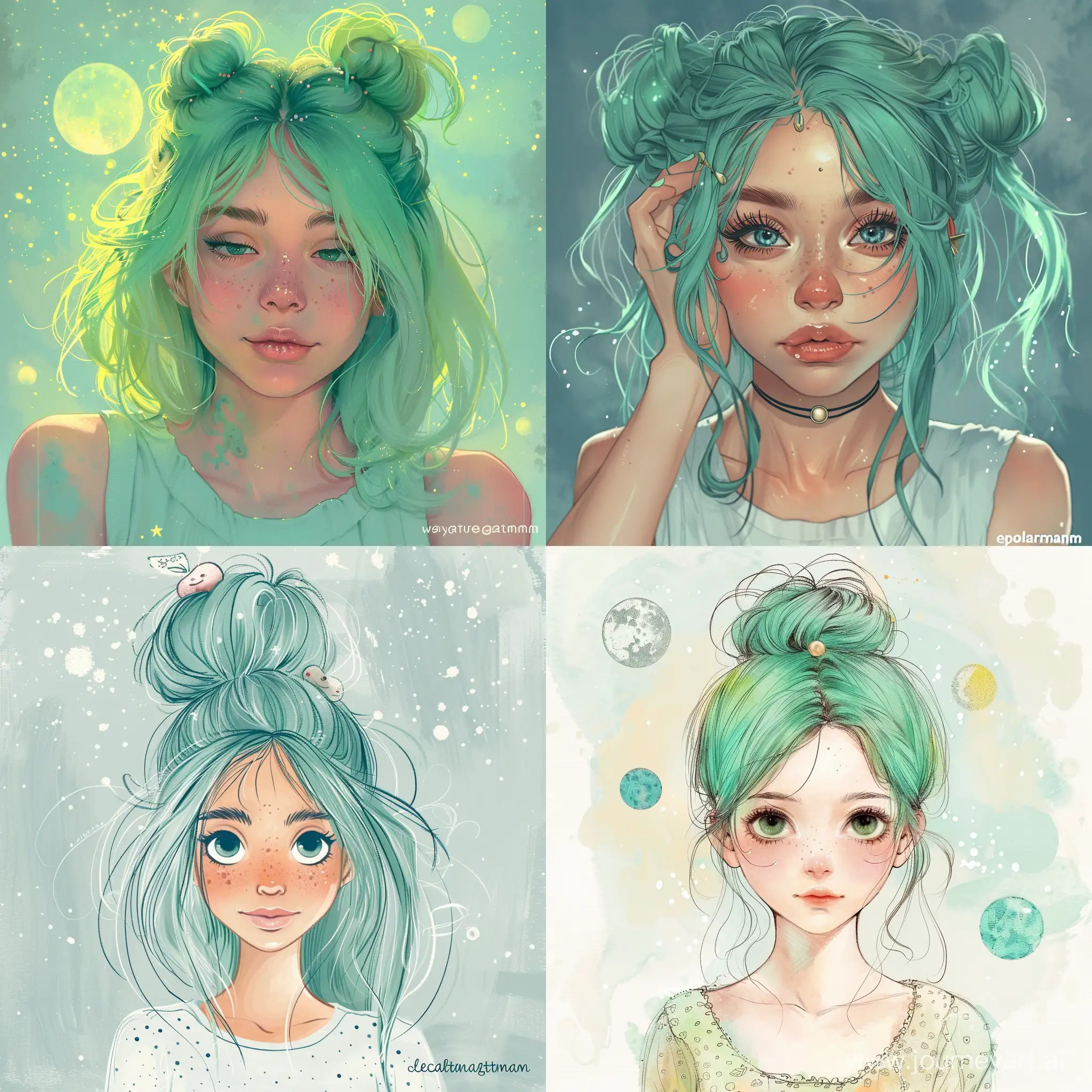 A girl with the art of anime, crisp neo-pop illustrations, crisp outlines, clean line work, romantic illustration, Chignon, Mint Green Hair, studio portrait, vibrant and dreamy, detailed atmospheric portraits, playful color palette, captivating anime characters, Style of Alexandra Artman, surreal atmosphere, dreamlike scenes, ethereal ambiance,