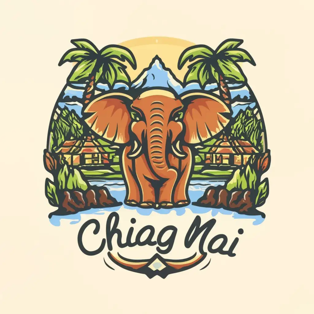 a logo design, with the text Chiang Mai, main symbol: happy elephant, moderate, to be used in travel industry, clear background, Modern font, green mountain forest, Thailand, Chiang Mai, Sunset, rice field