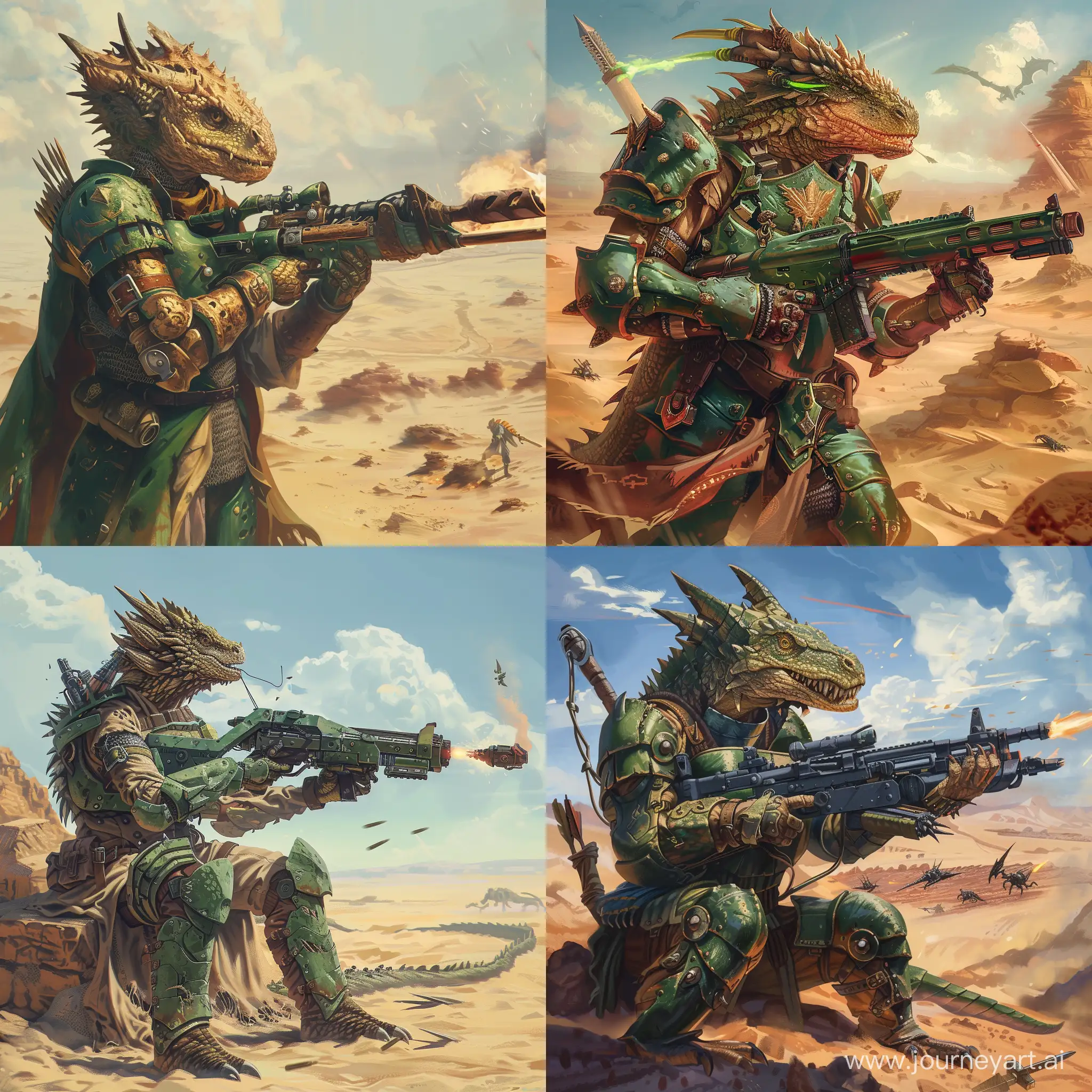 Lizard warrior with dragon head and green heavy armor on battlefields use prototype of machine gun, medieval battle, concept art, dessert, 4k