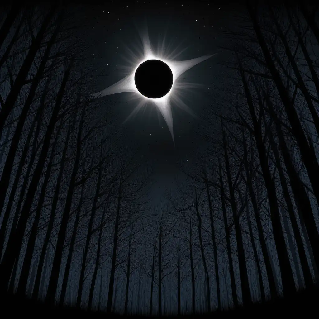  an illustration The sky dark from a total solar eclipse.  The woods below the eclipse is dark with only the trees being seen