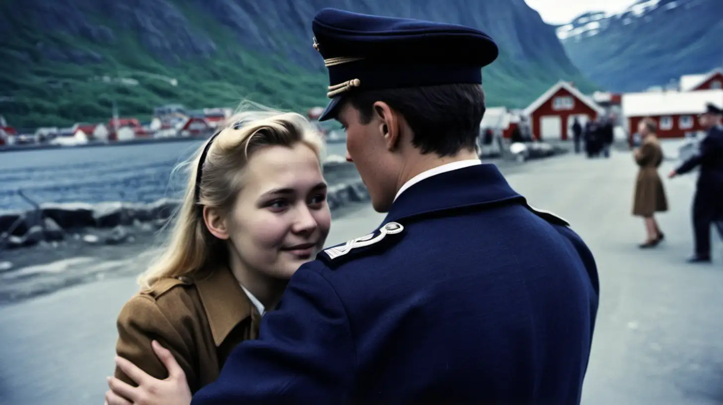 Second World War In a town of  northern Norway; a young woman waring sivil clothes is  embracing a German male navy 
offiser . Out of focus

