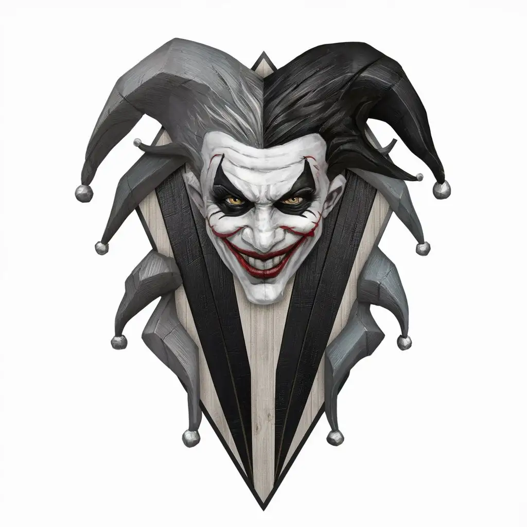 a shield that is black and grey that resembles a joker's face around the edges of the shield. The center will be solid black wood strips up and down. the shield should have 4 points with its shape.