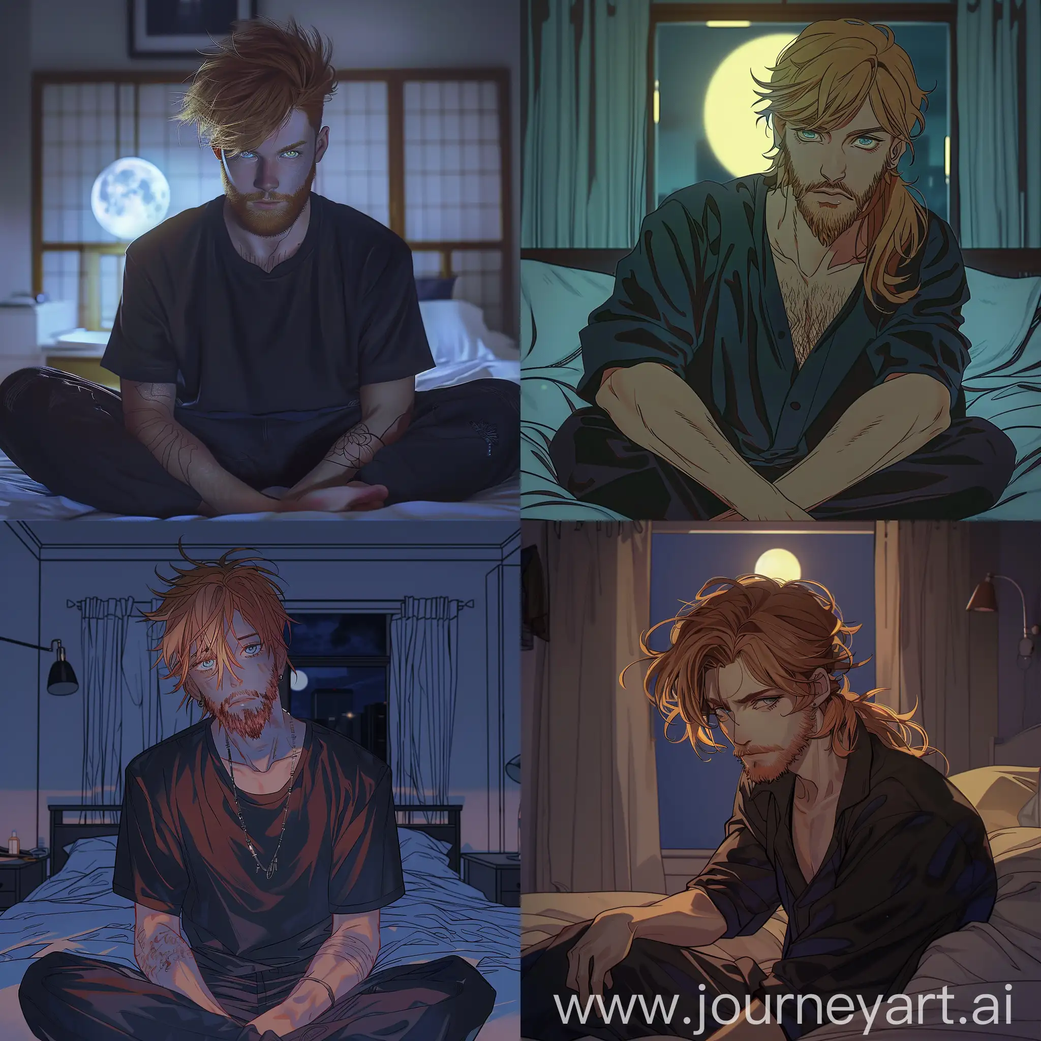 Retro bedroom, a 25 year old man sitting on the bed with a short brownish-red beard and very long strawberry blonde hair. His face has feminine features. He has blue eyes with yellow central heterochromia. His style is dark Japanese streetwear. Japanese 80's anime. Nighttime. Moonlight.