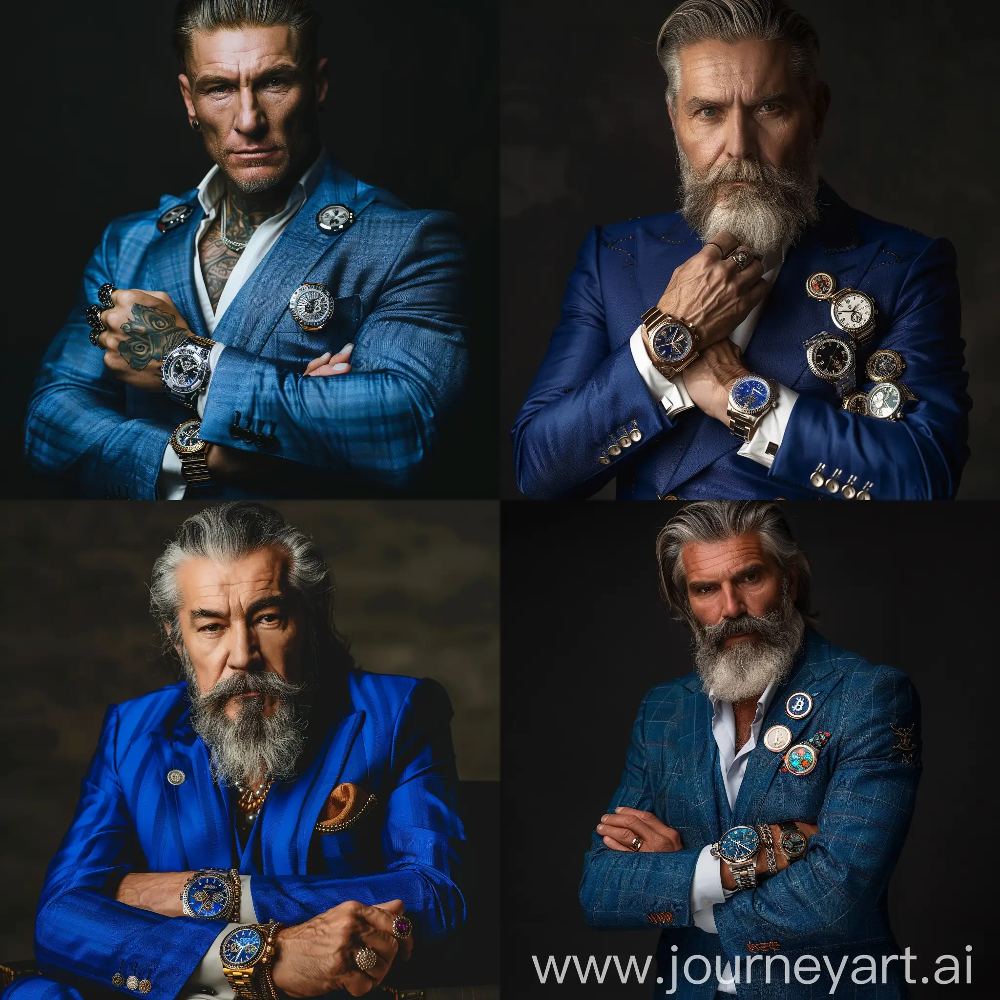 Макс Максбетов самый богатый криптоинсвестер в мире, полное телосложение, синий дорогой костюм, несколько очень дорогих часов на руке, шикарная дорогая прическа, старый 40 лет