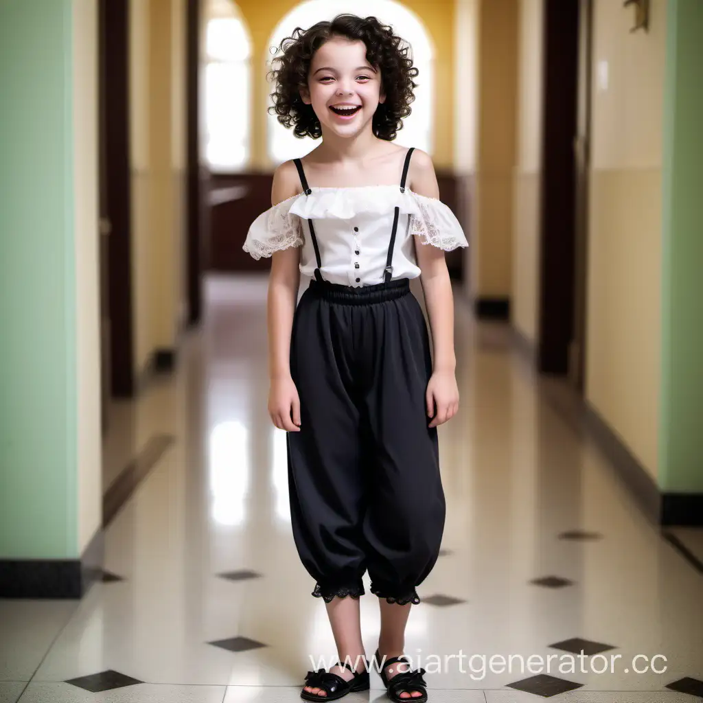 Cheerful-13YearOld-Girl-with-Black-Curls-in-Lace-Pantaloons-and-Open-Shoes-in-Realistic-Style-Portrait