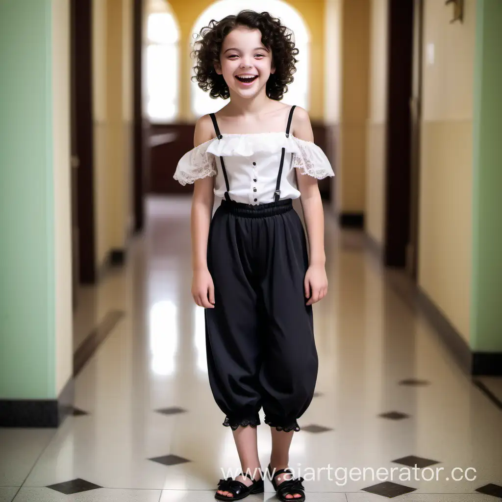 a 13-year-old girl. black-eyes, with open shoulders, black curls, lace pantaloons and open shoes. She is fresh, cheerful, rosy-cheeked and very happy. The arms and neck are thin. A very mobile child. Funny, laughing girl. She is standing in a big hall. In very realistic style. full-length photo