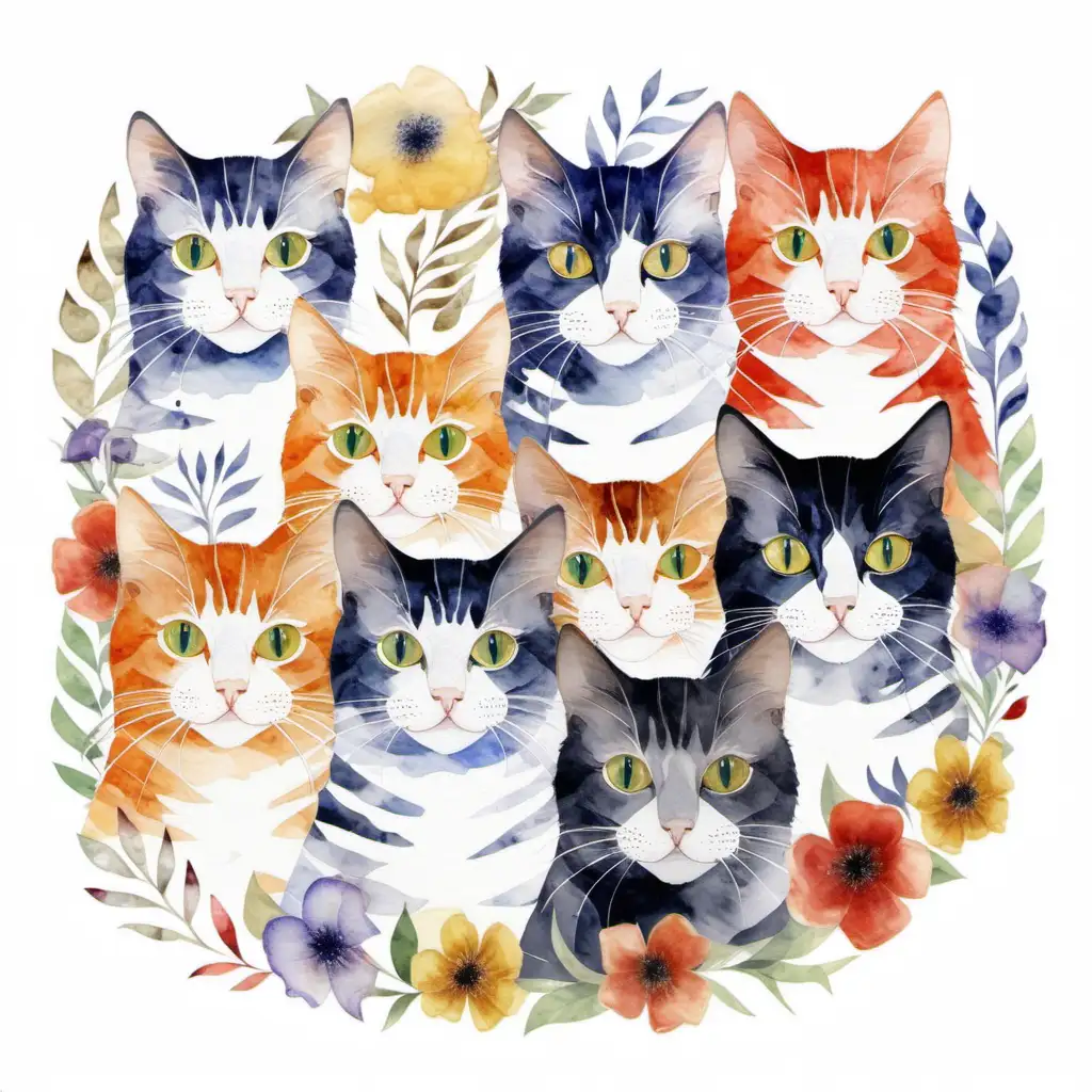 WatercolorStyle Cat Collage on White Background