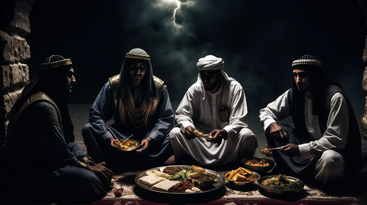 A dark landscape image of an ancient arab society deeply connected to islam, an ancient muslim warrior eating with his friends 16:9 