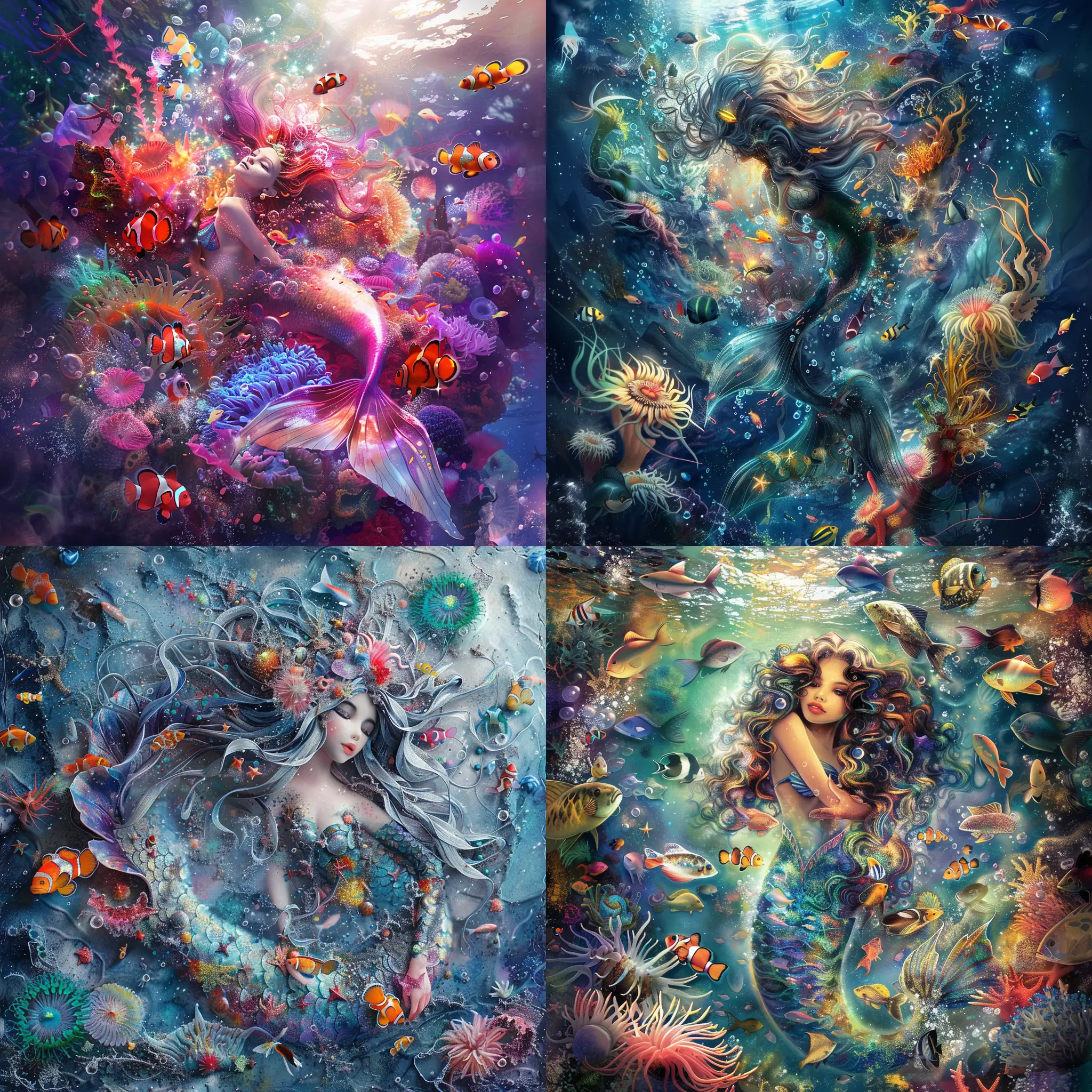 A highly detailed image of a beautiful mermaid surrounded by multi coloured fish and sea anemone. Magical fantasy otherworldly mysterious etheral highly detailed