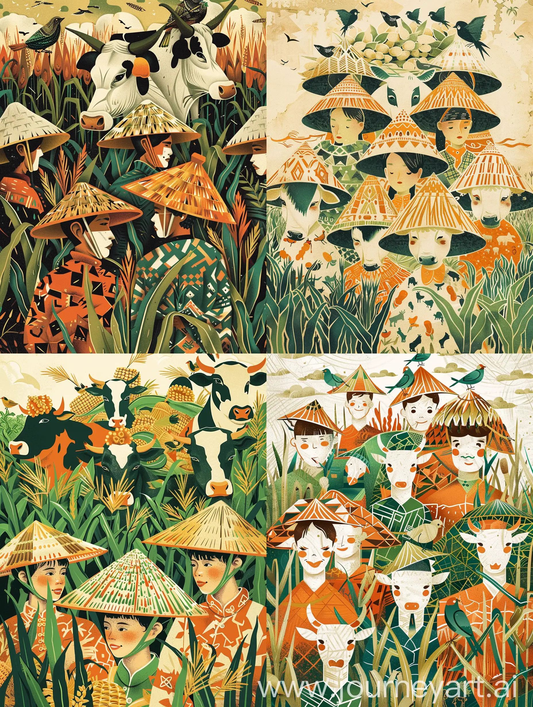 图形风格的插图，装饰画，一群农民戴着草帽，穿着民族风格的几何服装，劳动的动态，如意草卷纹，玉米，牛和鸟的图案在头上，插图风格的灵感来自民间艺术剪纸，以越南传统、橙色和绿色的风格为特色，描绘劳动，杂货艺术，精致的框架，清晰的轮廓，民间主题--ar 128:91-niji 5-风格的表达
