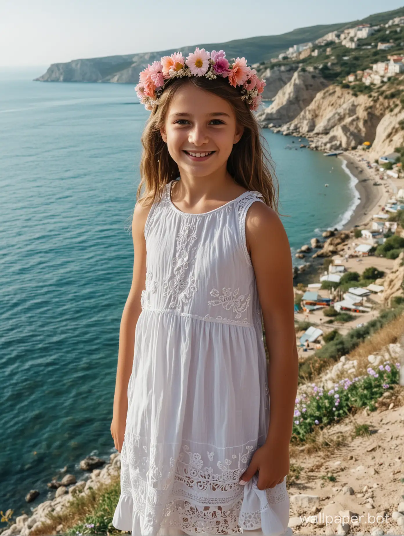 11-year-old girl, dress, flower crown on head, full height, smile, Crimea, view of the sea