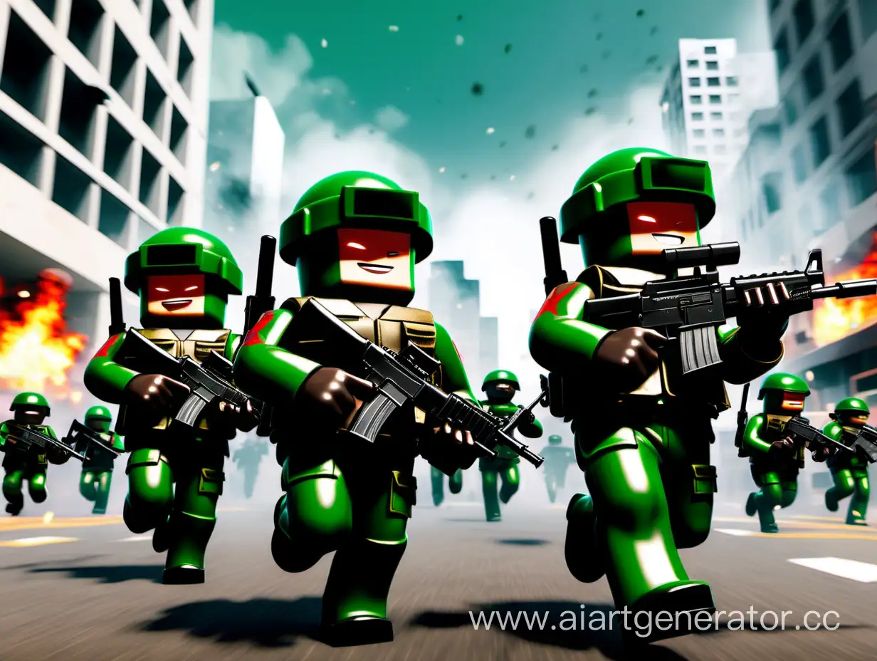 Роблокс война  взрывы выстрелы кровь солдат в зеленой форме с бронежелетом бежит с автоматом по городу адреналиновая война

