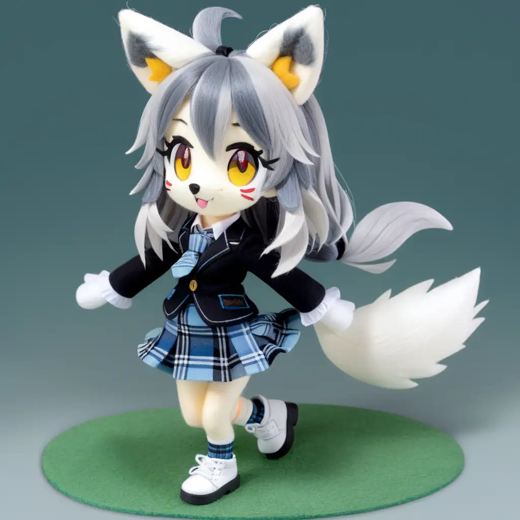 needle felt sculpture, full body view, grey wolf, \(kemono friends\), heterochromia, wolf ears, blue eye on left eye, long hair, multicolored hair, black hair, wolf tail, yellow eye on right eye, two-tone-hair, white hair, animal ears, fur collar, plaid skirt, gloves, plaid necktie, long sleeves, thighhighs, sleeve cuffs, gradient thighhighs, white shoes, huge breasts, wide hips, tall girl, sunny day, windy day, grassy hill, happy expression, looking at viewer