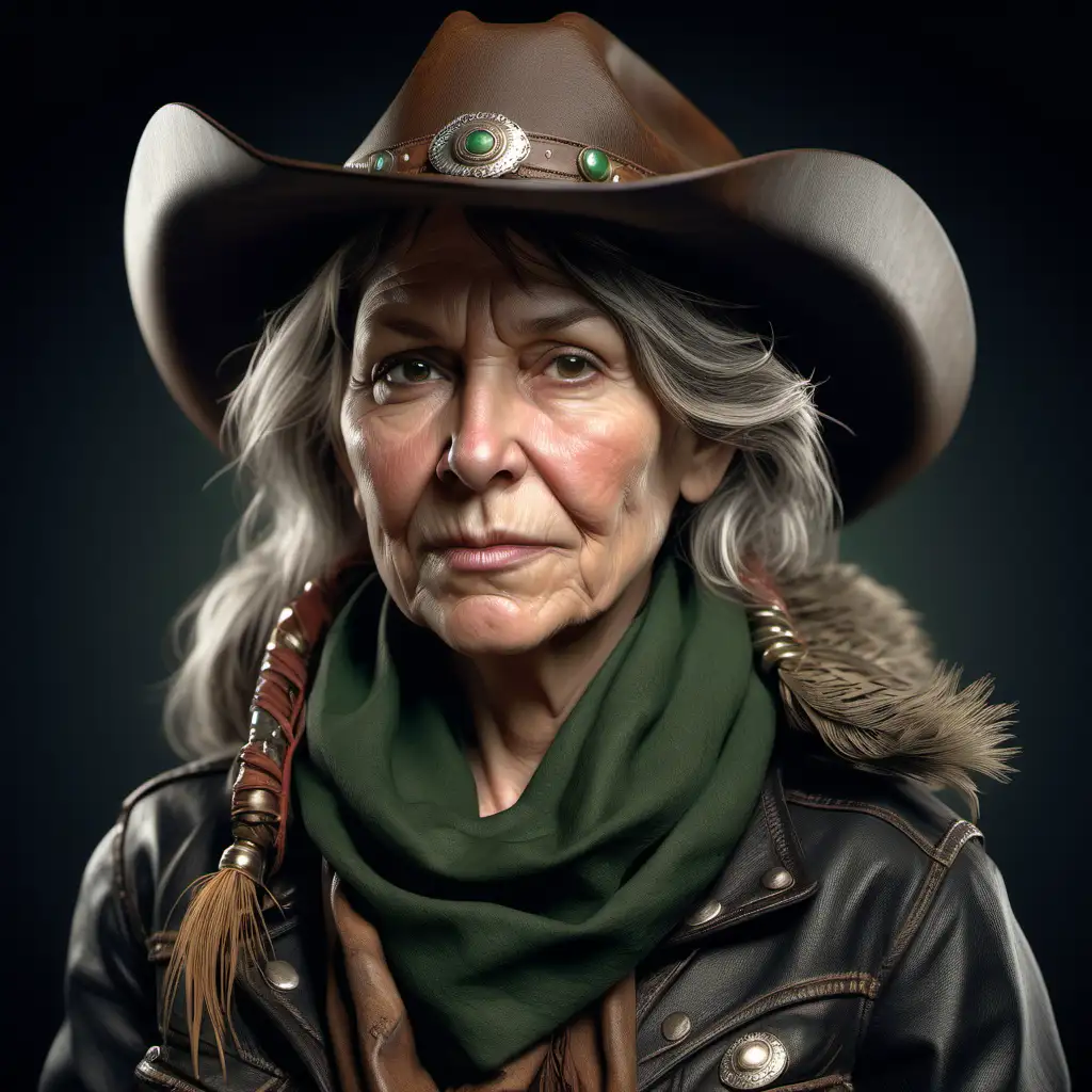 hyper realism, older ugly cowgirl, wild west American cowgirl wearing dark clothing, wearing short green cotton scarf, wearing small Outback leather Grizzly Hat with decorative feather in band, light skin tone cowgirl with serious expression, face features soft jawline clear skin, face features big wide flat nose and hazel eyes, cowgirl with shoulder length dark brown hair