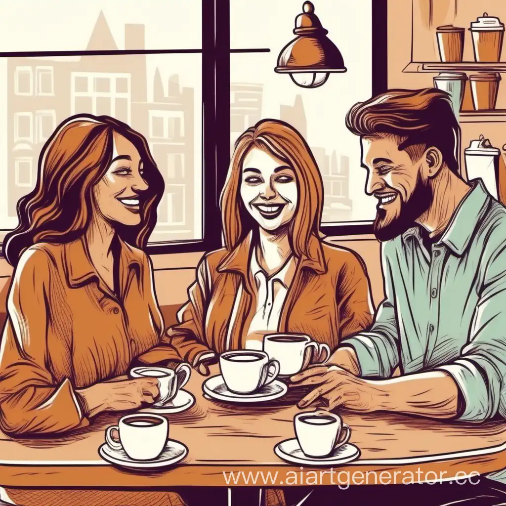 Компания веселых дружных людей в кафе с чашками кофе общаются, все разных возрастов, все красивые, английский язык