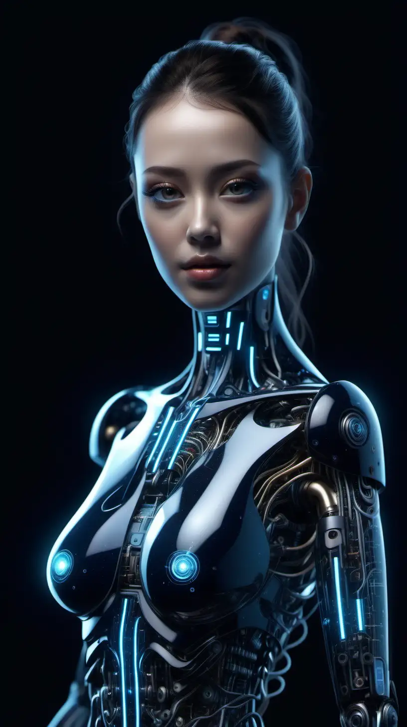 Show me the perfect representation of AI in human form, beautiful female, ultra-realisitic, 8k 3d, dark background