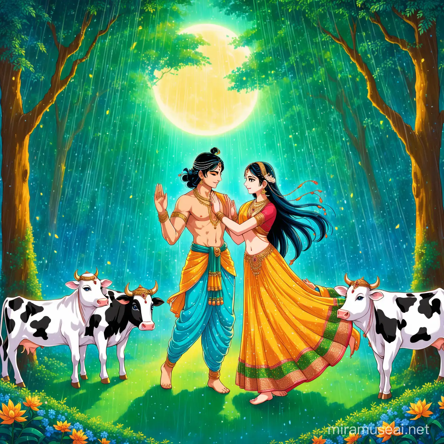 In the mystical embrace of Vrindavan's forest, Lord Krishna and radha dance,beautiful face, hindu cloths, their celestial movements weaving a tapestry of divine love under the shimmering moonlight. Amidst the fragrance of flowers and the rustle of leaves, their eternal bond unfolds in a symphony of transcendent beauty , ghibli anime style, hand drawn, raining, cows