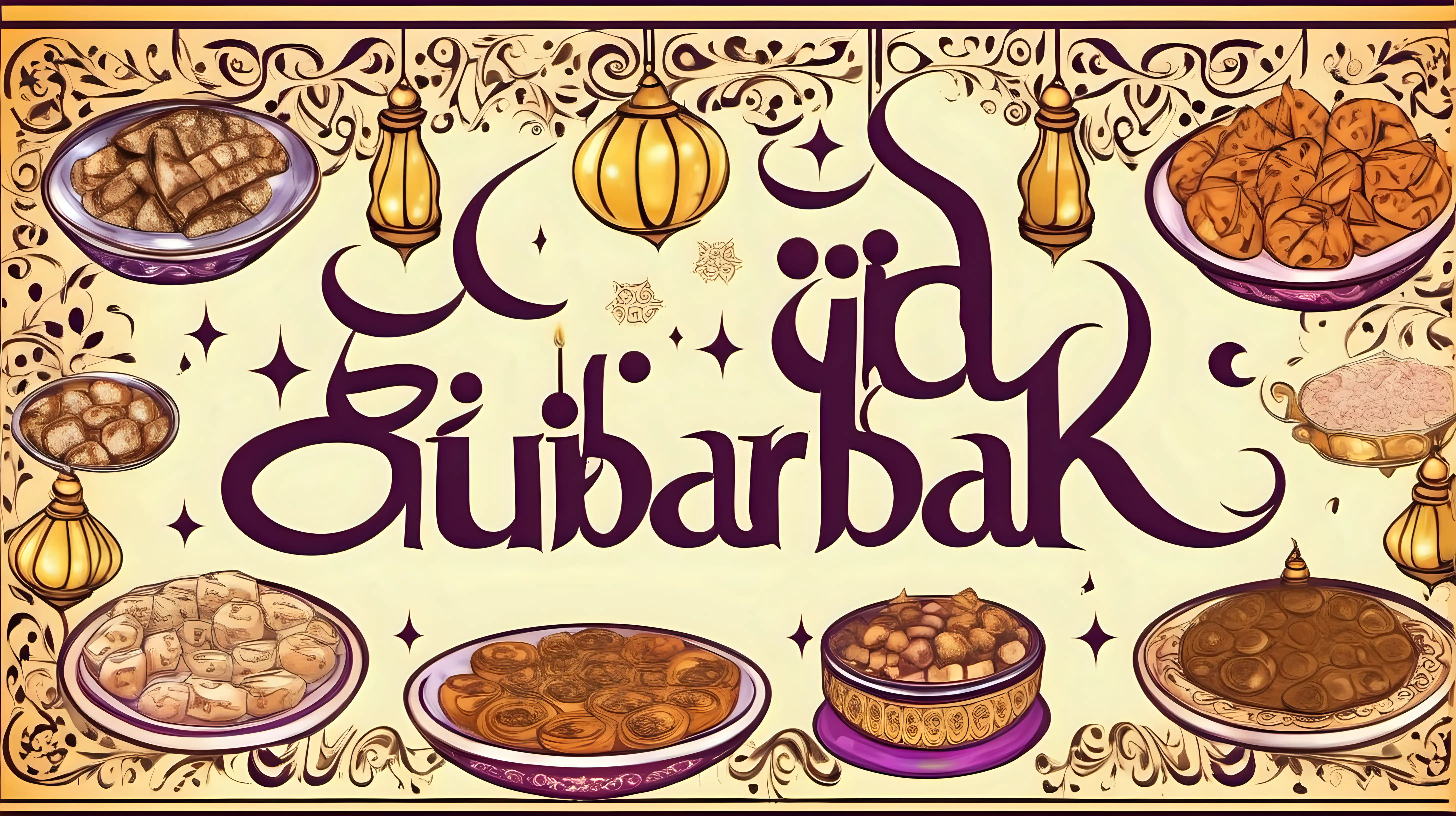 write happy Eid Mubarak in the middle with beautiful style in large fonts and make few dishes around it,carefully write spellings of Eid Mubarak,a magnificent image