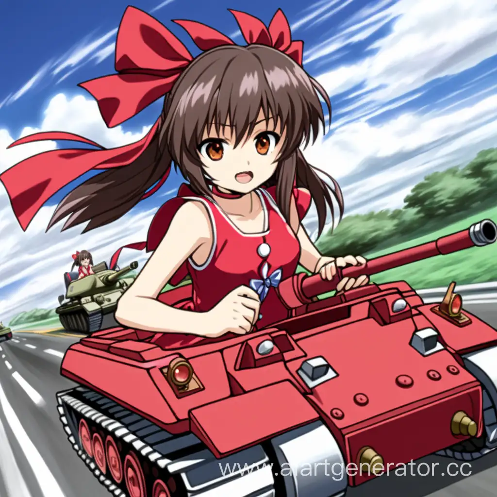 Хакурей Рейму из игры Touhou Project, у неё карие глаза, она едет в танке, за ней едут ещё танки, они едут по трассе
